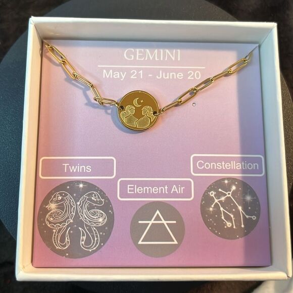 Crystal Gemini Zodiac Engraved Bracelet in ION Plated YG Stainless Steel 7” - Picture 3 of 6